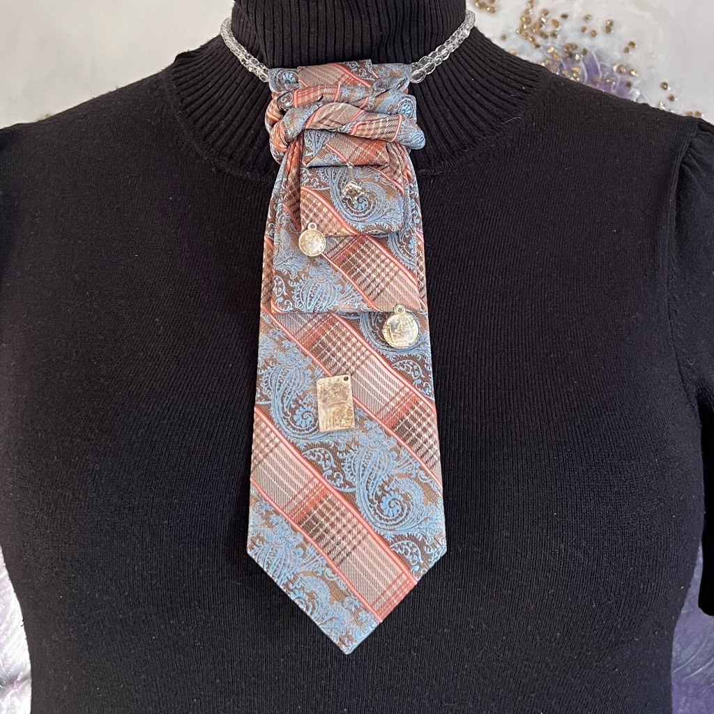 Up-Cycled Stripe And Paisley Woman Necktie With Around The World Charms